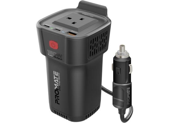 Promate 4-In-1 Multi-Port DC to AC Car Power Inverter with 150W AC Socket, Dual PD30W USB-C Ports, QC18W USB-A Ports, LED Power Indicators, Dedicated AC ON/OFF Button, Charge Protection - Black